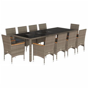 11 pcs conjunto jantar jardim c/ almofadões vime PE/vidro cinza H