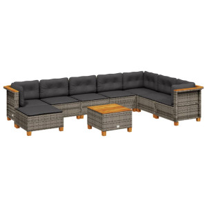 Set de muebles de jardín 9 pzas y cojines ratán sintético gris H