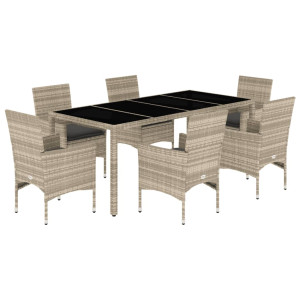 Set de comedor jardín 7 piezas y cojines ratán PE y vidrio gris H