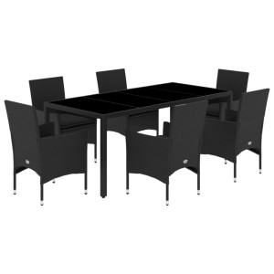 7 pcs conjunto jantar jardim c/almofadões vime PE/vidro preto H