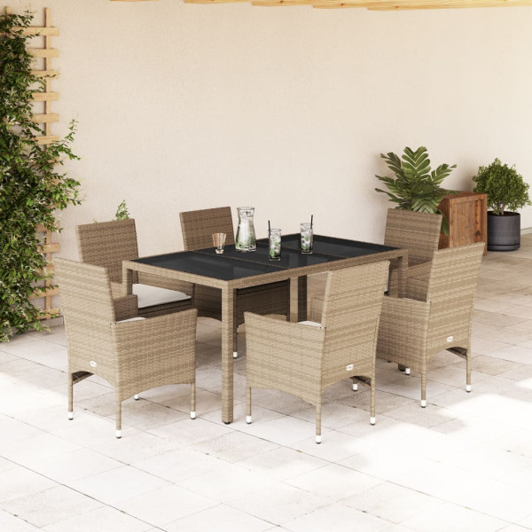 Set comedor jardín 7 pzas cojines ratán sintético vidrio beige D