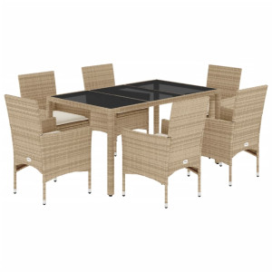 7 pcs conjunto jantar jardim com almofadões vime PE/vidro bege H