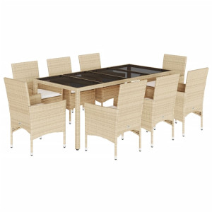 9 pcs conjunto jantar jardim com almofadões vime PE/vidro bege H