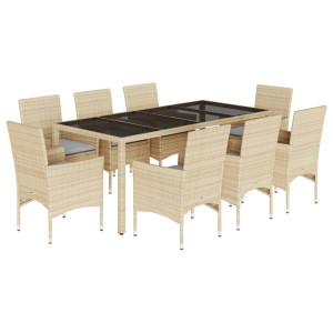 9 pcs conjunto jantar jardim com almofadões vime PE/vidro bege H