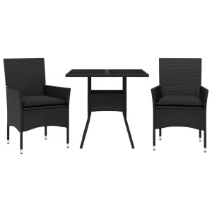 3 pcs conjunto jantar jardim c/ almofadões vime PE/vidro preto H