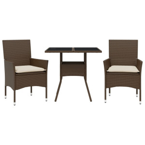3pcs conjunto jantar jardim c/almofadões vime PE/vidro castanho H