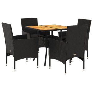 5 pcs conjunto jantar jardim c/ almofadões vime PE/acácia preto H