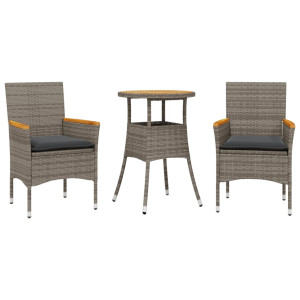 3 pcs conjunto jantar jardim c/ almofadões vime PE/acácia cinza H