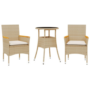 3 pcs conjunto jantar jardim com almofadões vime PE/vidro bege H