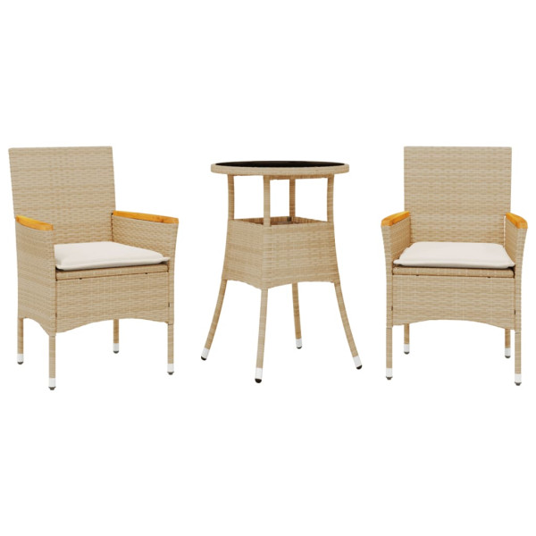 Set comedor jardín 3 pzas cojines ratán sintético vidrio beige M 2