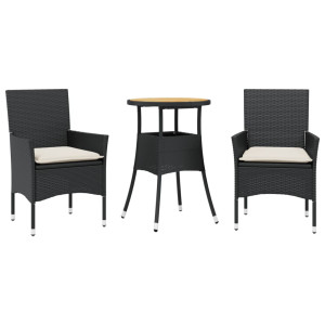 3 pcs conjunto jantar jardim c/ almofadões vime PE/acácia preto H