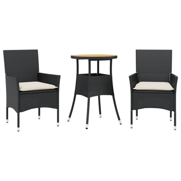Set de comedor jardín 3 pzas con cojines ratán PE acacia negro M 2