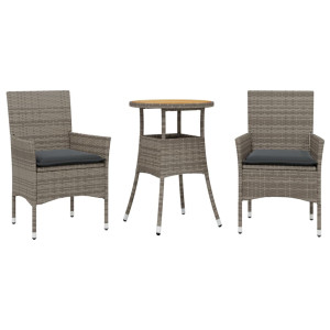 3 pcs conjunto jantar jardim c/ almofadões vime PE/acácia cinza H
