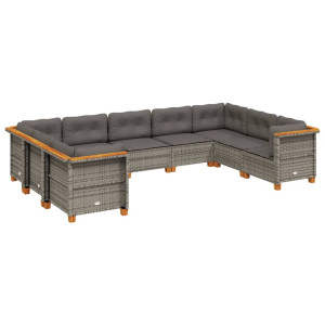 Set de muebles de jardín 9 pzas y cojines ratán sintético gris H