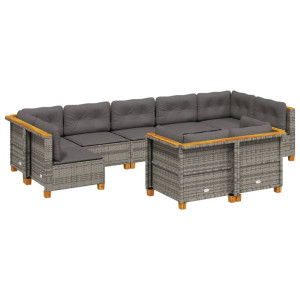 Set de muebles de jardín 9 pzas y cojines ratán sintético gris H