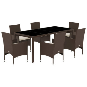 7 pcs conj. jantar jardim c/ almofadões vime PE/vidro castanho H