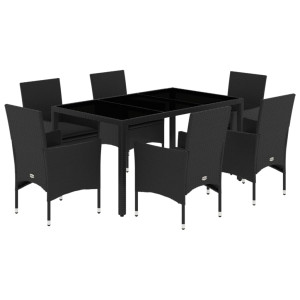 7 pcs conjunto jantar jardim c/almofadões vime PE/vidro preto H