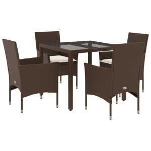 Set comedor jardín 5 pzas cojines ratán sintético vidrio marrón H