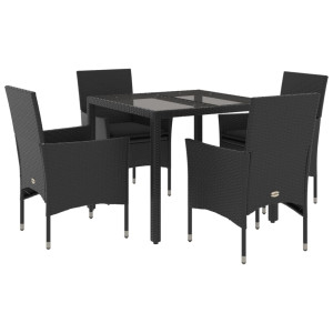 5 pcs conjunto jantar jardim c/ almofadões vime PE/vidro preto H