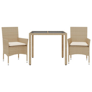 3 pcs conjunto jantar jardim com almofadões vime PE/vidro bege H