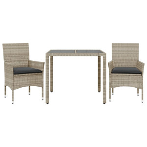3 pcs conjunto jantar jardim c/ almofadões PE/vidro cinza claro H