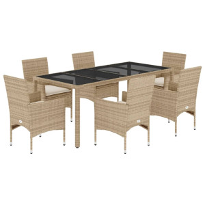 7 pcs conjunto jantar jardim com almofadões vime PE/vidro bege H