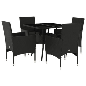 5 pcs conjunto jantar jardim c/ almofadões vime PE/vidro preto H