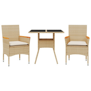 3 pcs conjunto jantar jardim com almofadões vime PE/vidro bege H