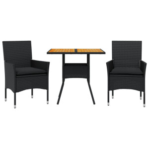 3 pcs conjunto jantar jardim c/ almofadões vime PE/acácia preto H