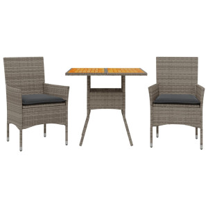 3 pcs conjunto jantar jardim c/ almofadões vime PE/acácia cinza H