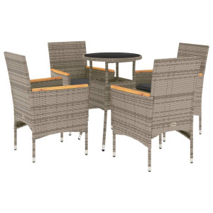 5 pcs conjunto jantar jardim c/ almofadões vime PE/vidro cinza H