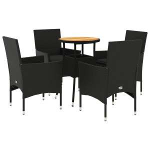 5 pcs conjunto jantar jardim c/ almofadões vime PE/acácia preto H