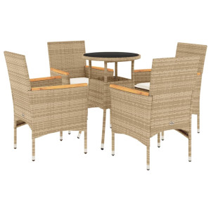 5 pcs conjunto jantar jardim com almofadões vime PE/vidro bege H