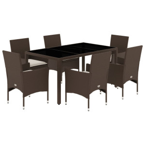 7 pcs conj. jantar jardim c/ almofadões vime PE/vidro castanho H