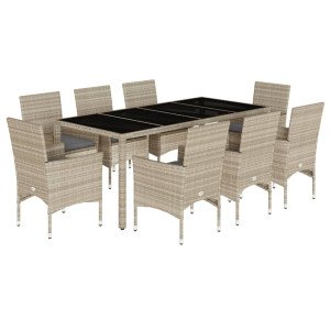 Set de comedor jardín 9 piezas y cojines ratán PE y vidrio gris H