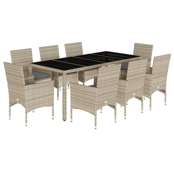 Set de comedor jardín 9 piezas y cojines ratán PE y vidrio gris M 2