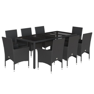 Set comedor jardín 9 pzas cojines ratán sintético vidrio negro H