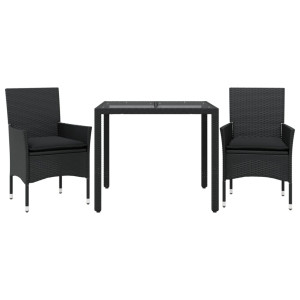 3 pcs conjunto jantar jardim c/ almofadões vime PE/vidro preto H