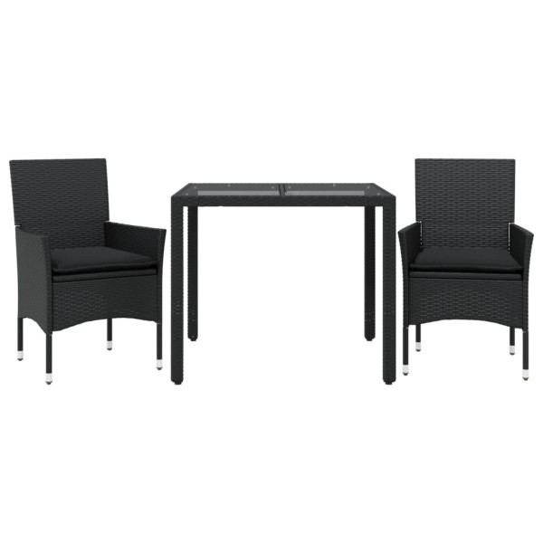 Set comedor jardín 3 pzas cojines ratán sintético vidrio negro M 2