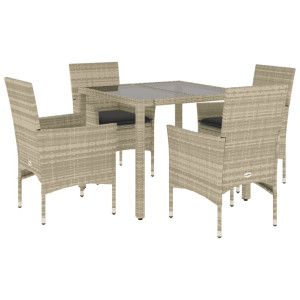 Set comedor jardín 5 pzas y cojines ratán PE vidrio gris claro H
