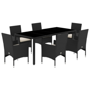 7 pcs conjunto jantar jardim c/almofadões vime PE/vidro preto H