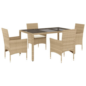 5 pcs conjunto jantar jardim com almofadões vime PE/vidro bege H
