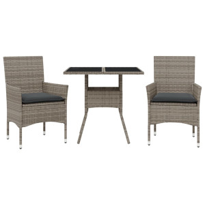 3 pcs conjunto jantar jardim c/ almofadões vime PE/vidro cinza H