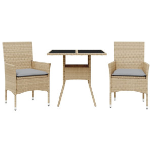 3 pcs conjunto jantar jardim com almofadões vime PE/vidro bege H