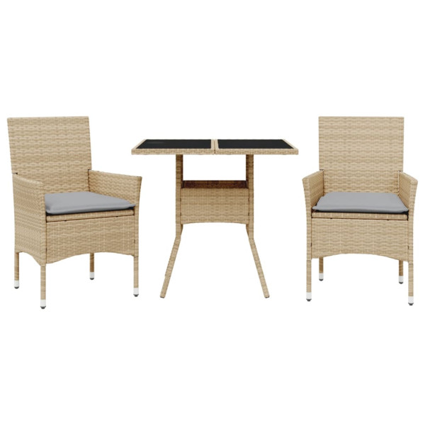 Set comedor jardín 3 pzas cojines ratán sintético vidrio beige M 2