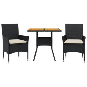 3 pcs conjunto jantar jardim c/ almofadões vime PE/acácia preto H