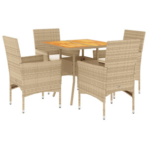 5 pcs conjunto jantar jardim c/ almofadões vime PE/acácia bege H