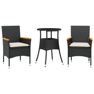 3 pcs conjunto jantar jardim c/ almofadões vime PE/vidro preto H