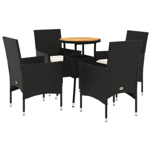 5 pcs conjunto jantar jardim c/ almofadões vime PE/acácia preto H