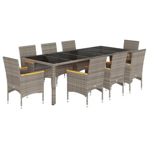 9 pcs conjunto jantar jardim c/ almofadões vime PE/vidro cinza H